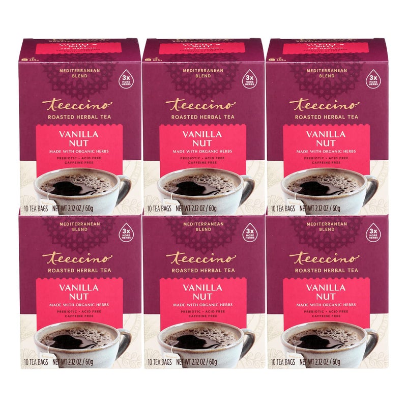 Teeccino Vanilla Nut Herbal Tea - Rich & Roasted Herbal Tea That’s Caffeine Free & Prebiotic for Natural Energy, 10 Tea Bags (Pack of 6) - Image 1